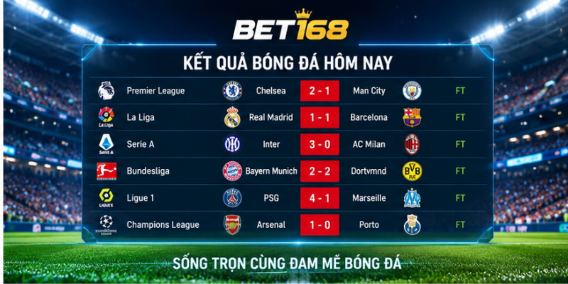 Kết quả bóng đá BET168 hôm nay mới nhất