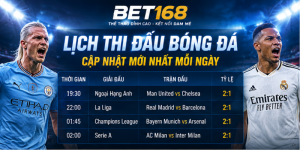 Lịch thi đấu BET168 cập nhật các trận bóng đá mới nhất hôm nay